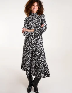 High Neck Shirred Tiered Midi Dress