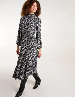 High Neck Shirred Tiered Midi Dress