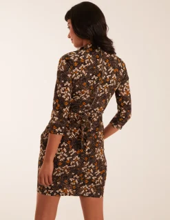 High Neck 3/4 Sleeve Dress With Belt