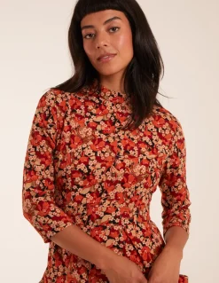 High Neck 3/4 Sleeve Dress With Belt