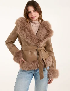 Hooded Zip Faux Fur Cropped PU Jacket