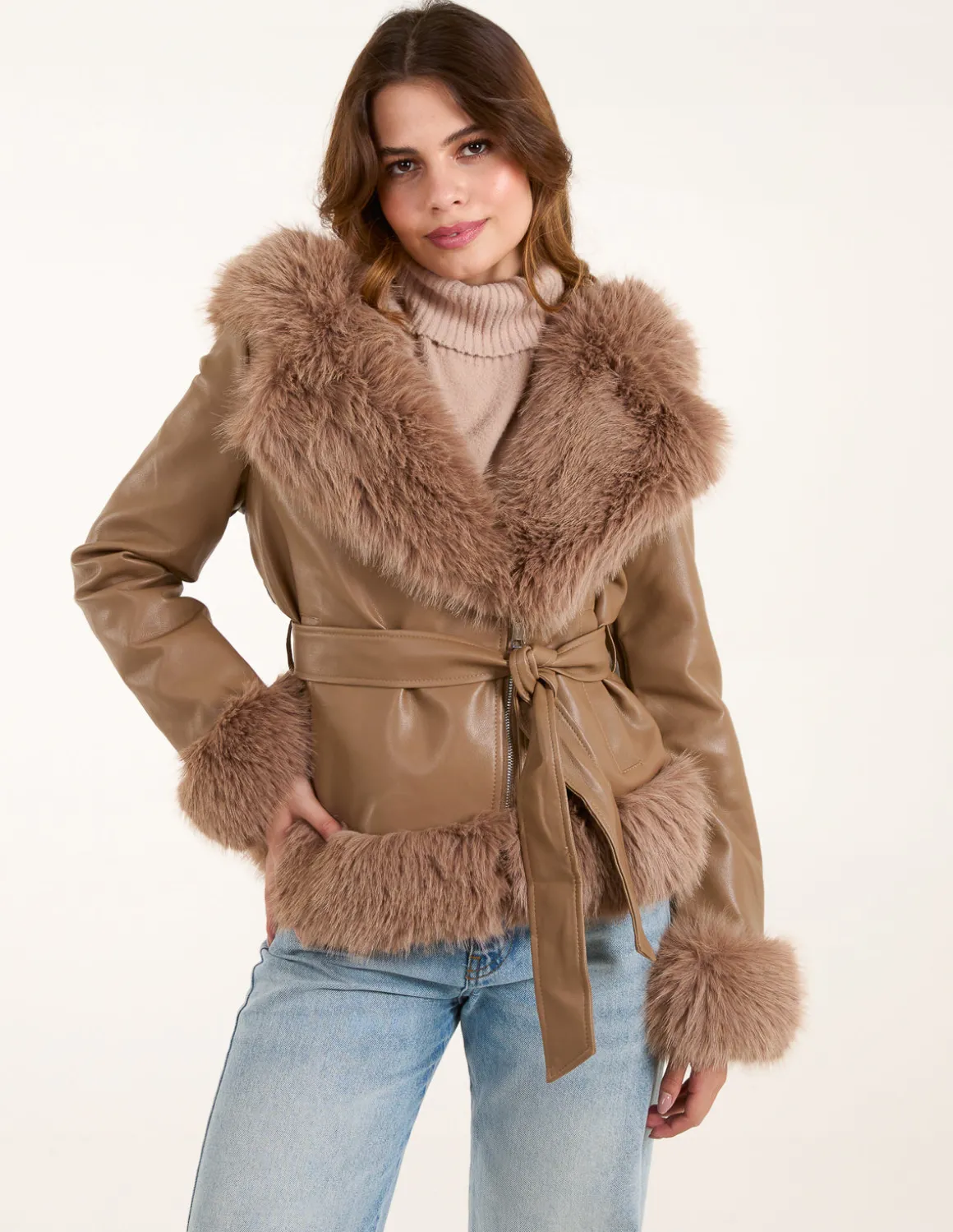 Hooded Zip Faux Fur Cropped PU Jacket
