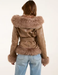Hooded Zip Faux Fur Cropped PU Jacket