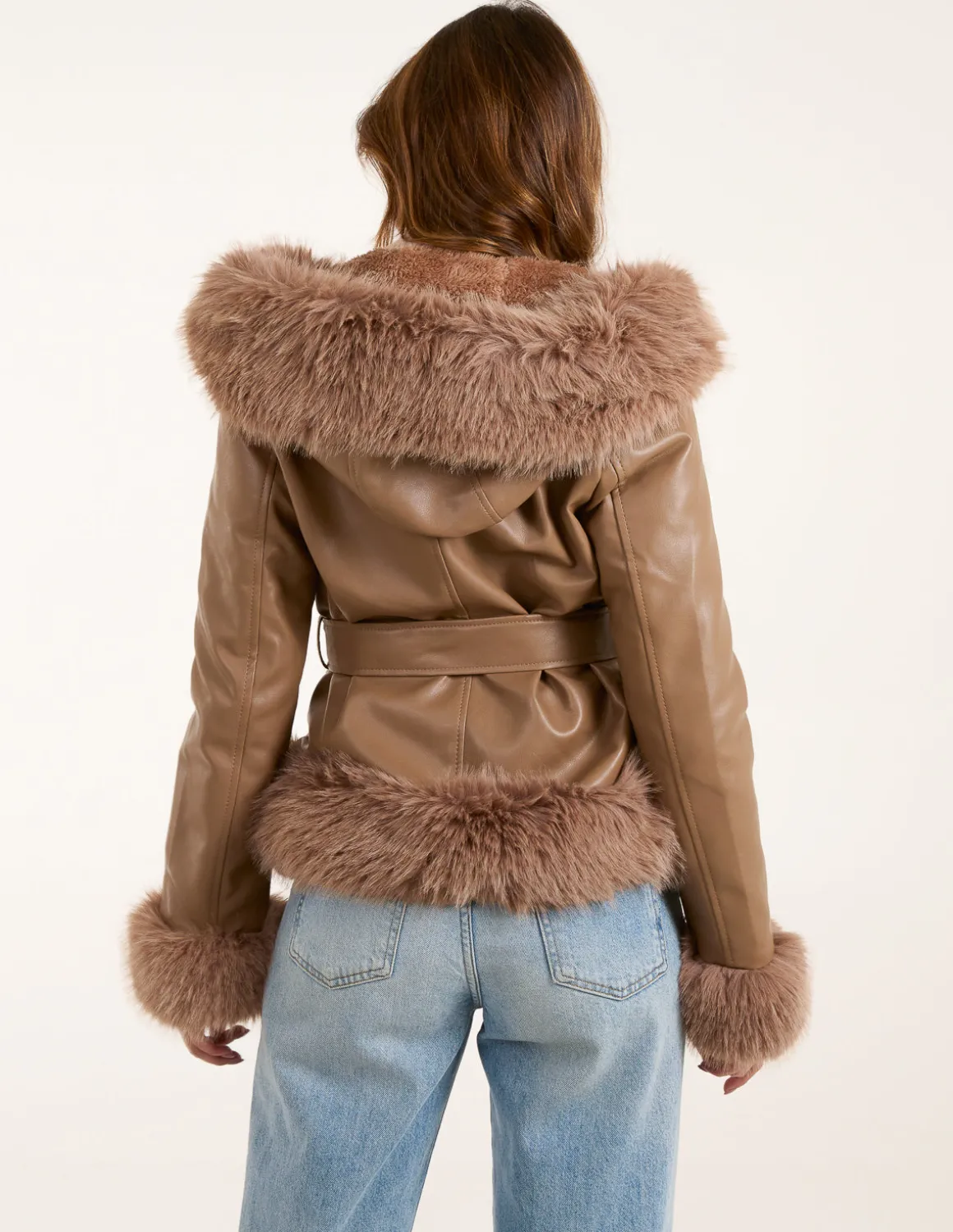 Hooded Zip Faux Fur Cropped PU Jacket