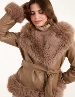 Hooded Zip Faux Fur Cropped PU Jacket