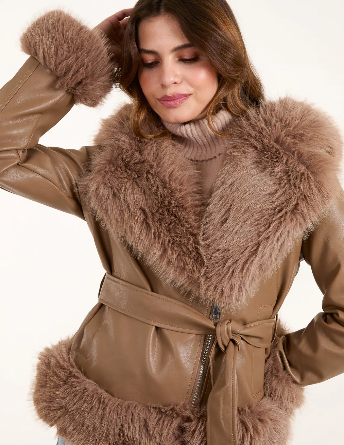Hooded Zip Faux Fur Cropped PU Jacket
