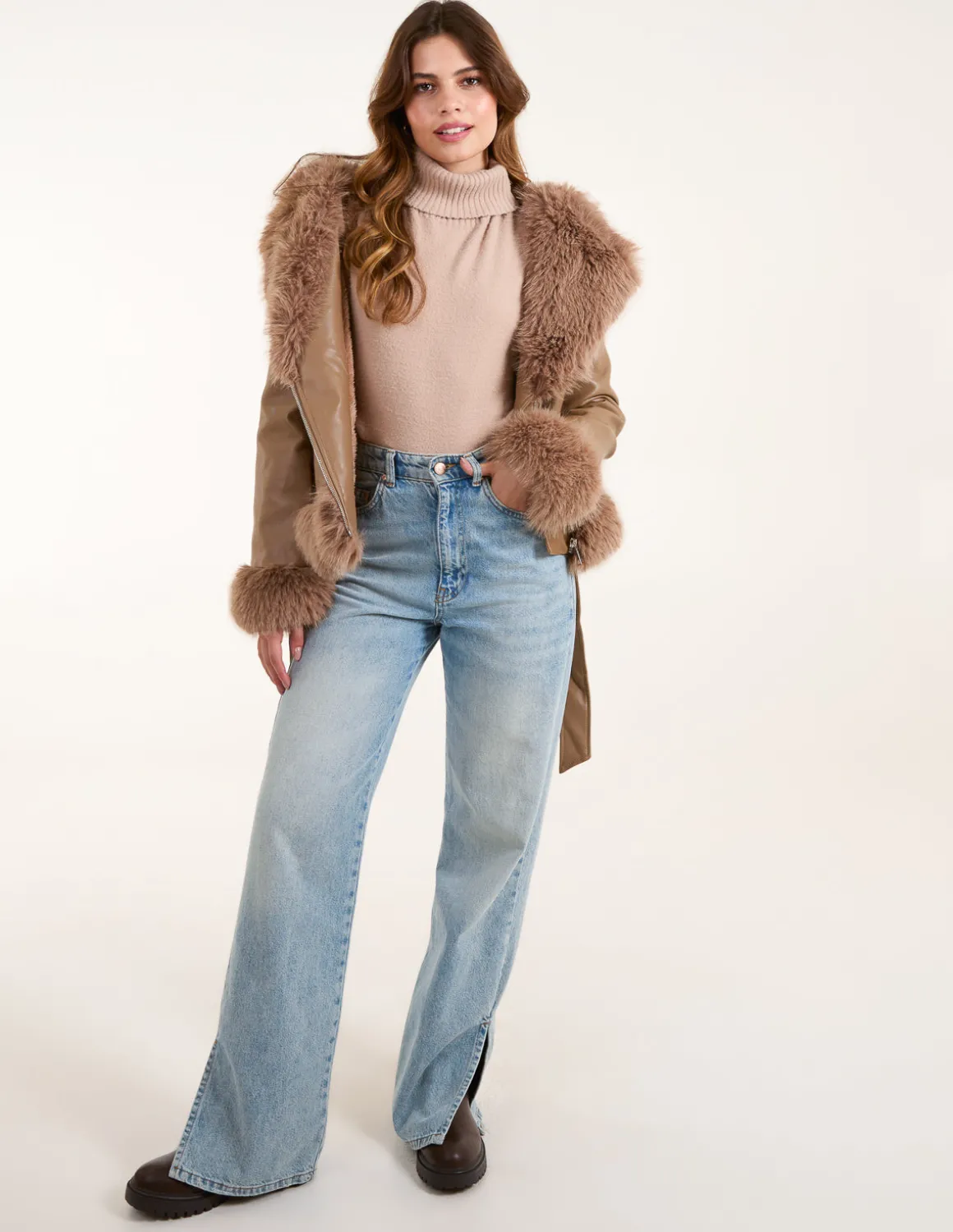 Hooded Zip Faux Fur Cropped PU Jacket