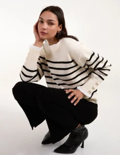 Horizontal Stripes Bow Button Detailed Jumper