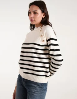 Horizontal Stripes Shoulder Button Detailed Jumper