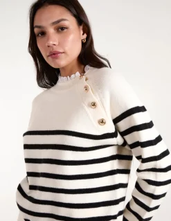 Horizontal Stripes Shoulder Button Detailed Jumper