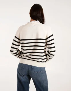 Horizontal Stripes Shoulder Button Detailed Jumper