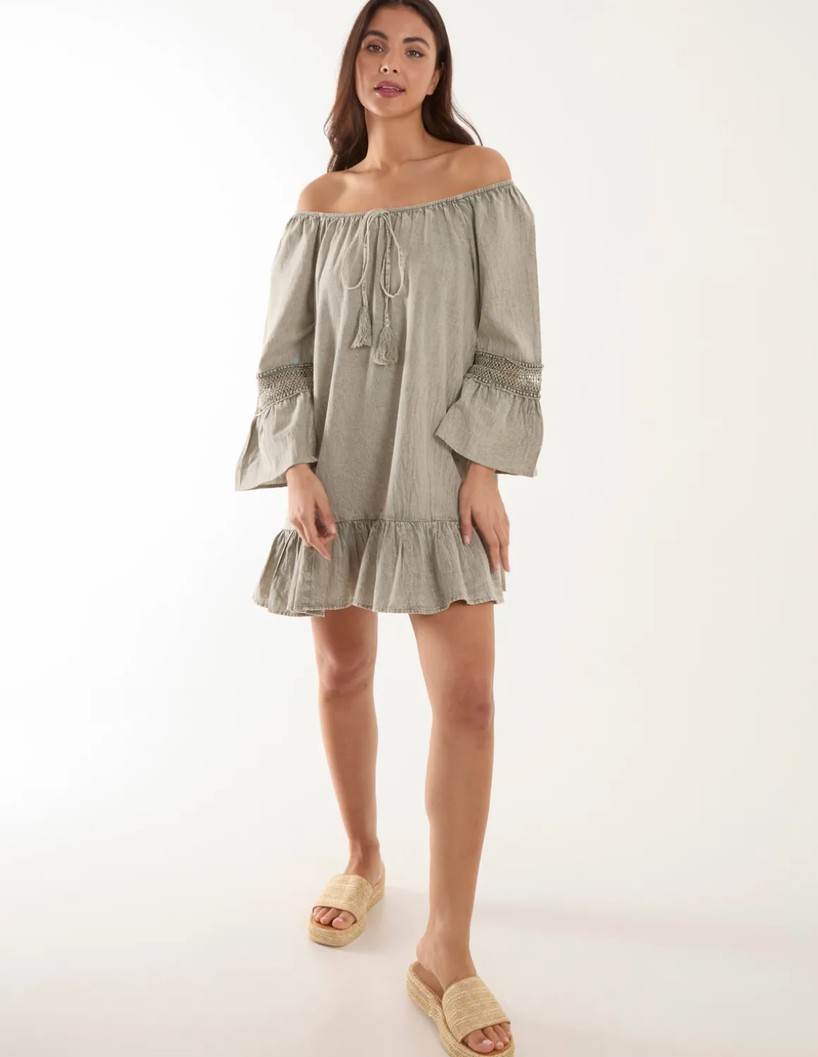 Lace Trim Elasticated Bardot Neck Tunic Dress