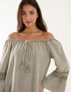 Lace Trim Elasticated Bardot Neck Tunic Dress