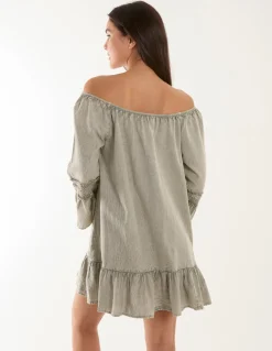 Lace Trim Elasticated Bardot Neck Tunic Dress