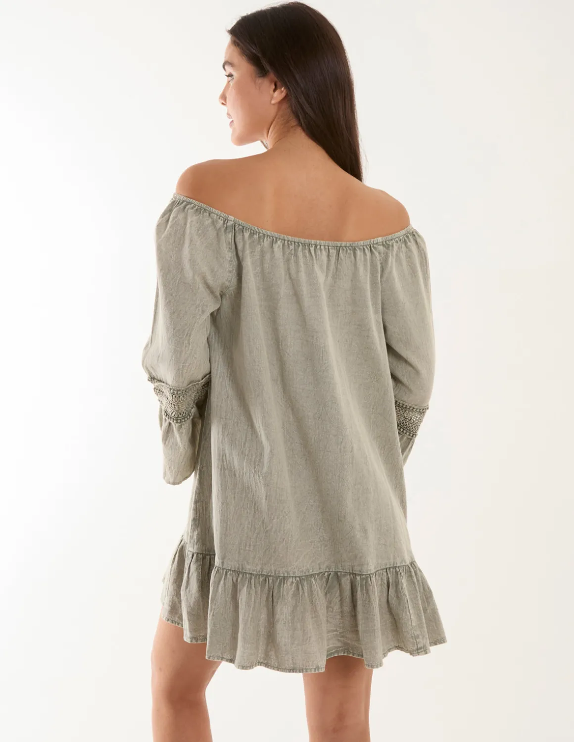 Lace Trim Elasticated Bardot Neck Tunic Dress