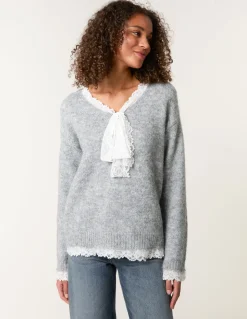 Lace Trim Pussybow Jumper