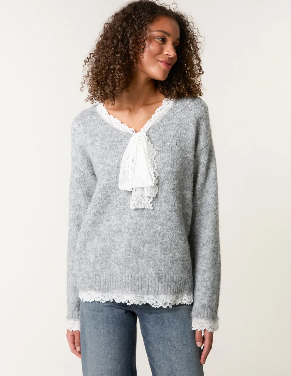 Lace Trim Pussybow Jumper