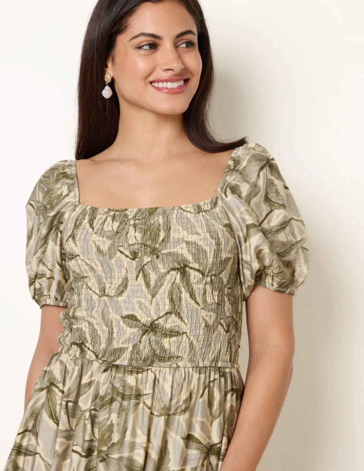 Large Floral Printed Square Neck Puff Sleeve Dress