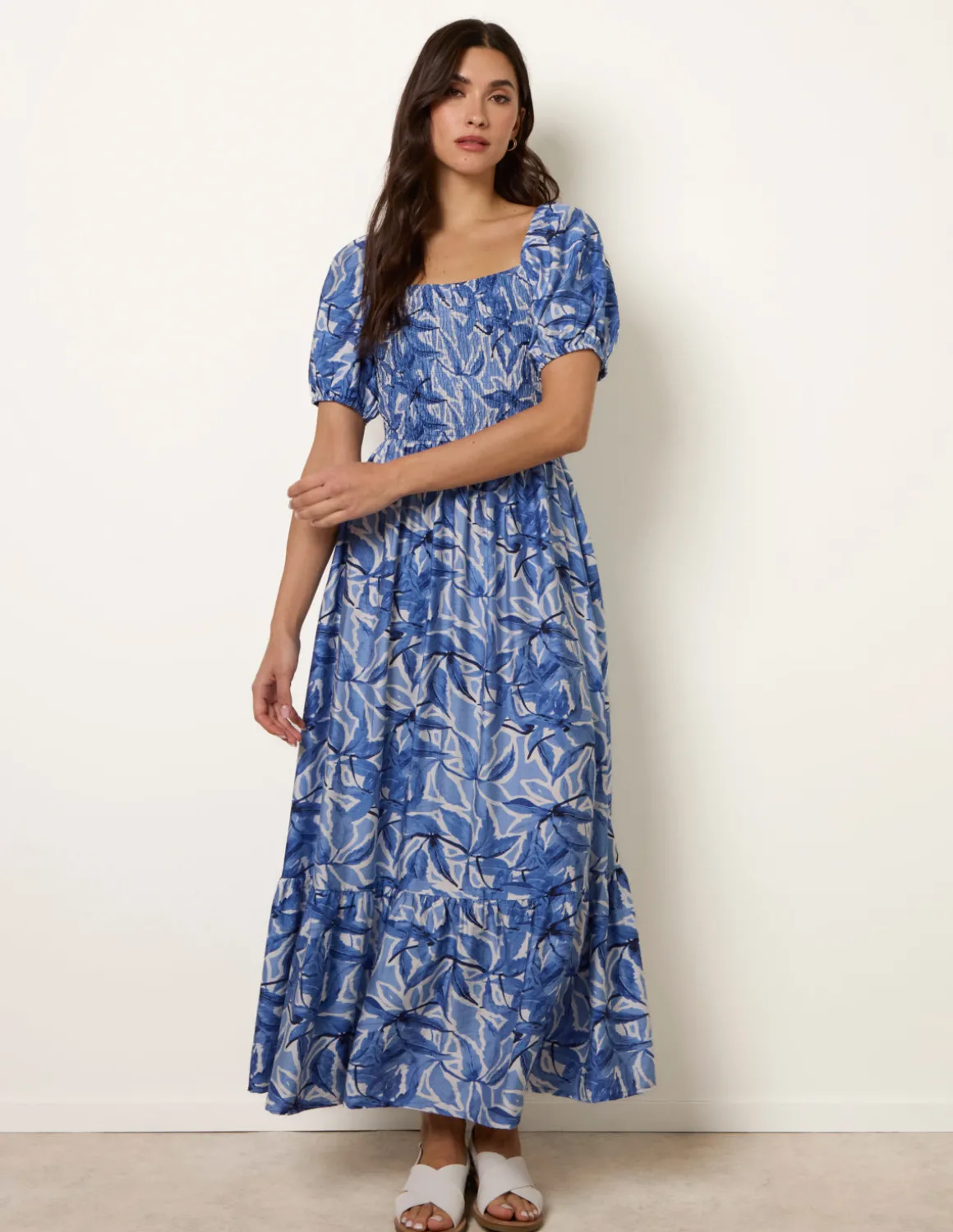 Large Floral Printed Square Neck Puff Sleeve Dress
