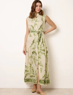 Leaf Print Collarless Shirt Dress With Belted Waist