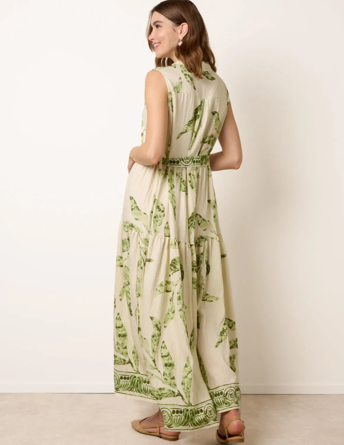 Leaf Print Collarless Shirt Dress With Belted Waist