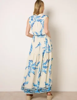 Leaf Print Collarless Shirt Dress With Belted Waist