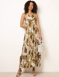 Leaf Print Halter Neck Dress