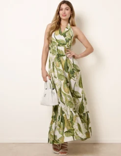 Leaf Print Halter Neck Dress