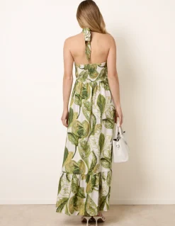Leaf Print Halter Neck Dress