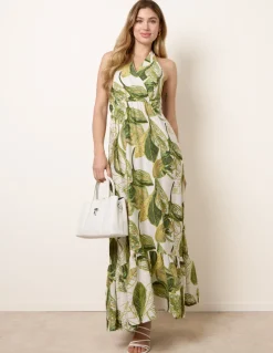 Leaf Print Halter Neck Dress