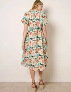 Leaf Print Tie Waist Shirt Midi Dress