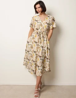Leaf Print Tie Waist Shirt Midi Dress
