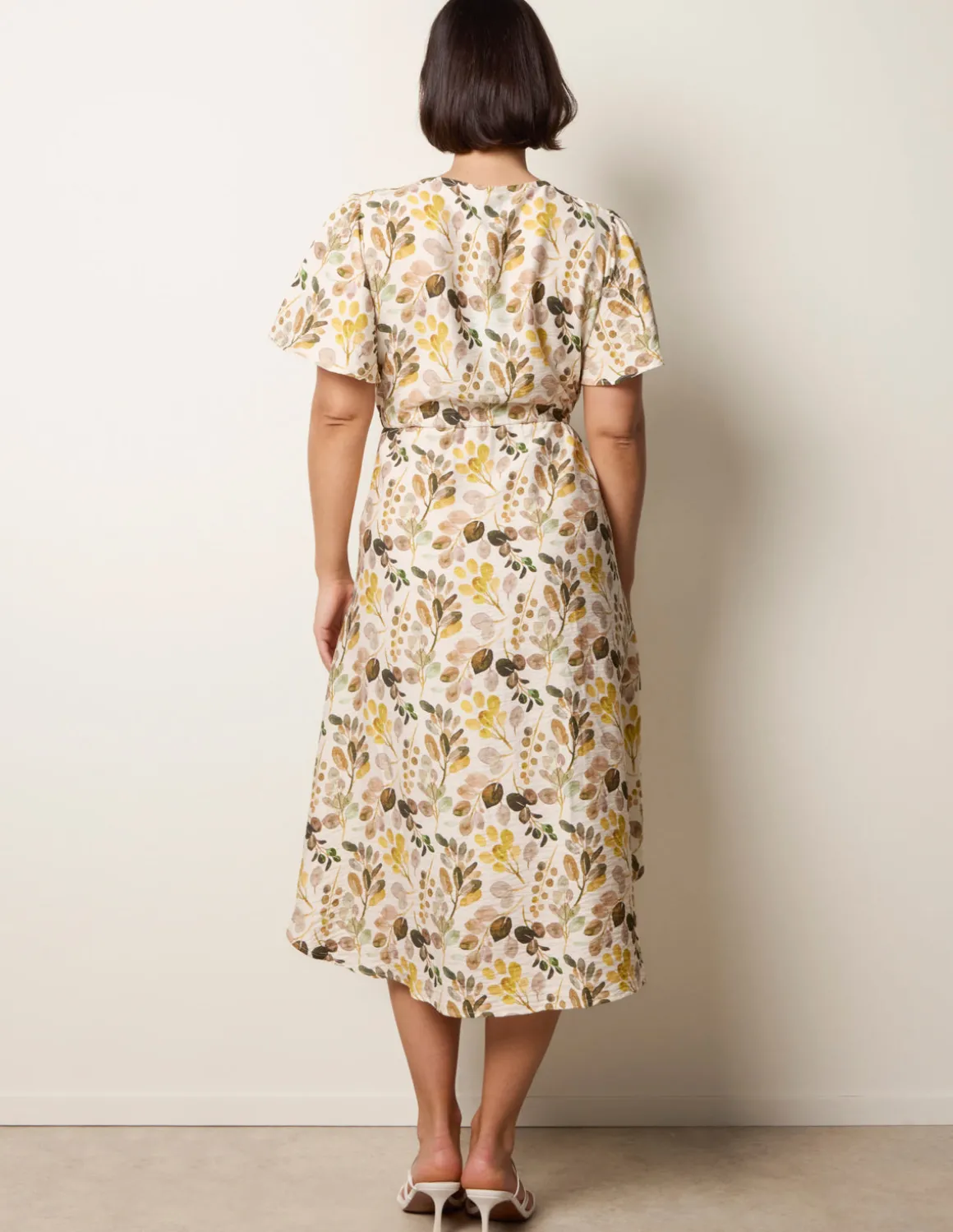 Leaf Print Tie Waist Shirt Midi Dress