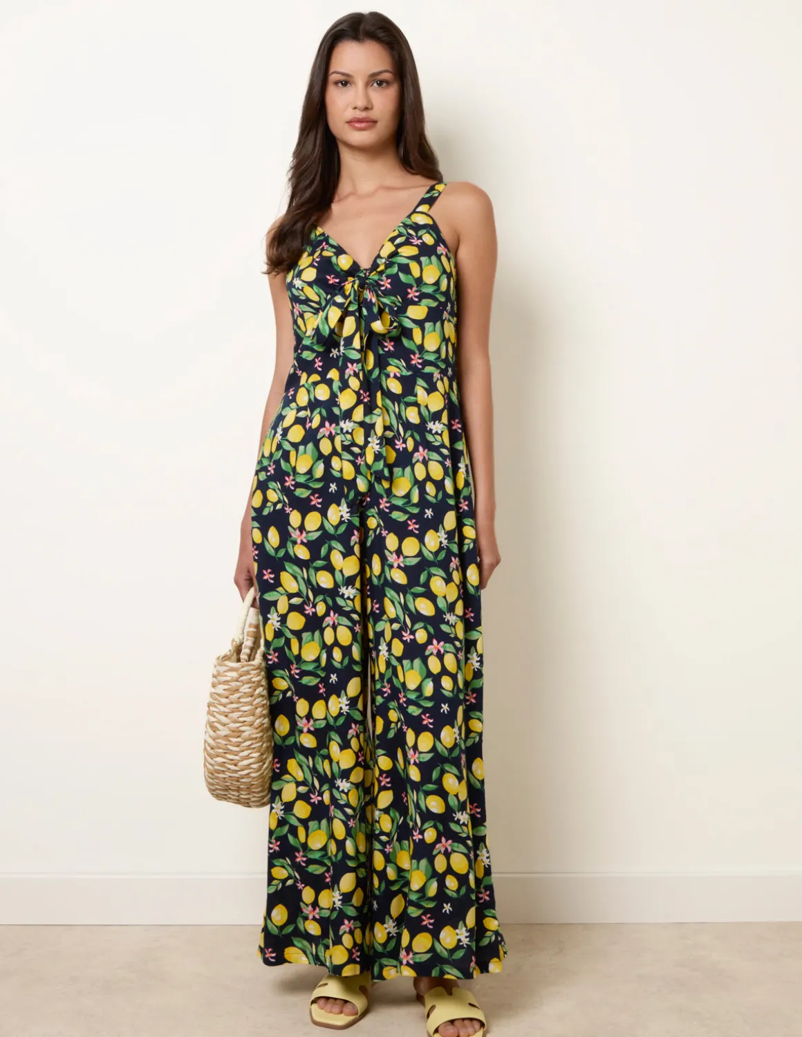 Lemon Print Front Tie Jumpsuit