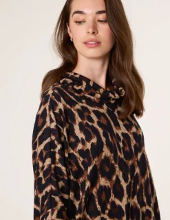 Leopard Print Draped Cowl Neck Tunic Dress