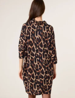 Leopard Print Draped Cowl Neck Tunic Dress