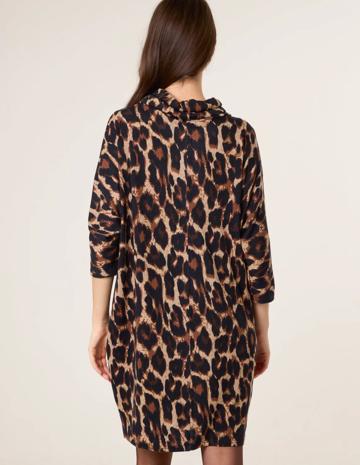 Leopard Print Draped Cowl Neck Tunic Dress