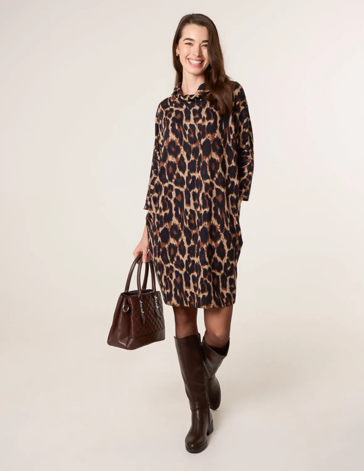 Leopard Print Draped Cowl Neck Tunic Dress