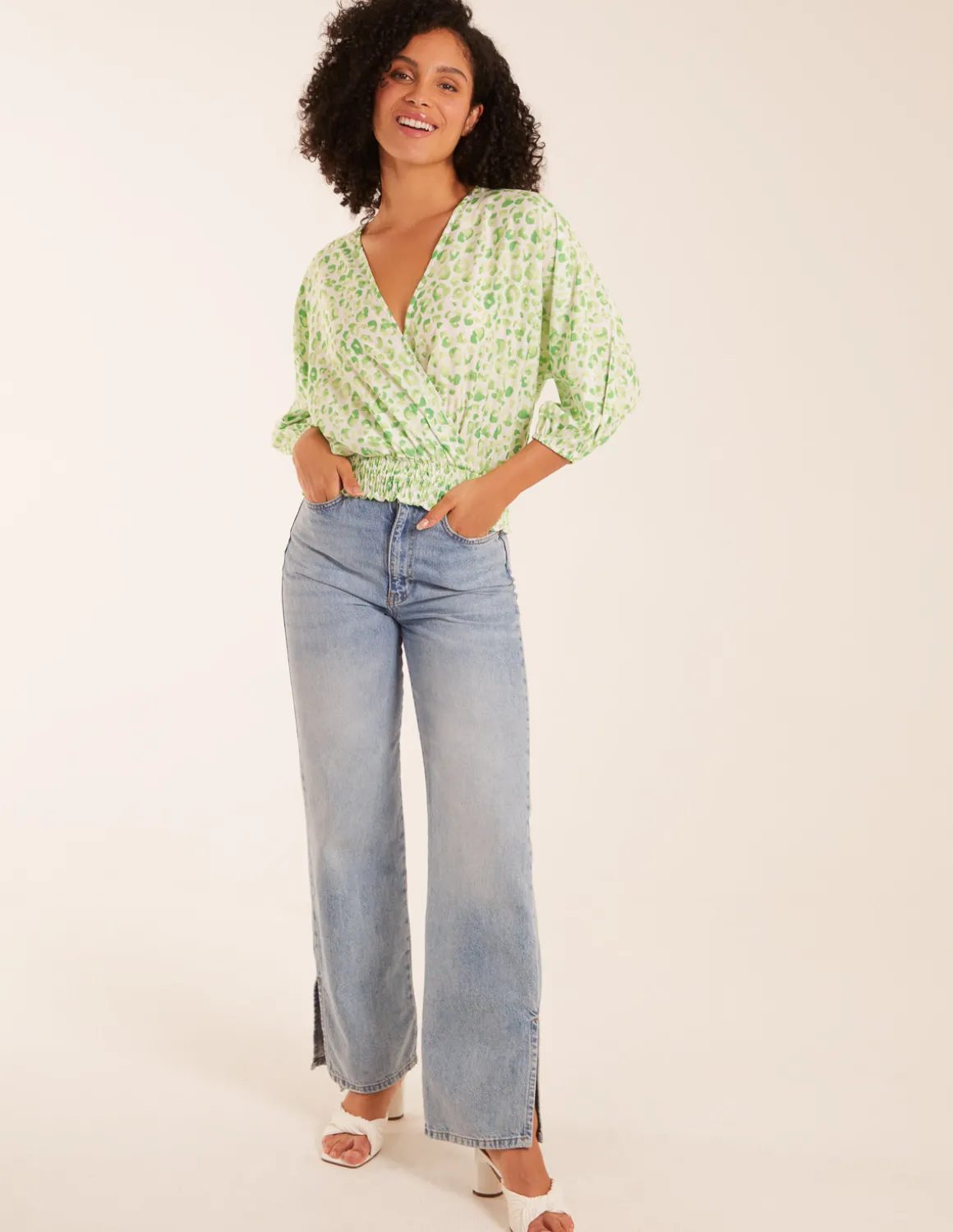 Leopard Print Elasticated Sleeve Wrap Front Elastic Hem Top