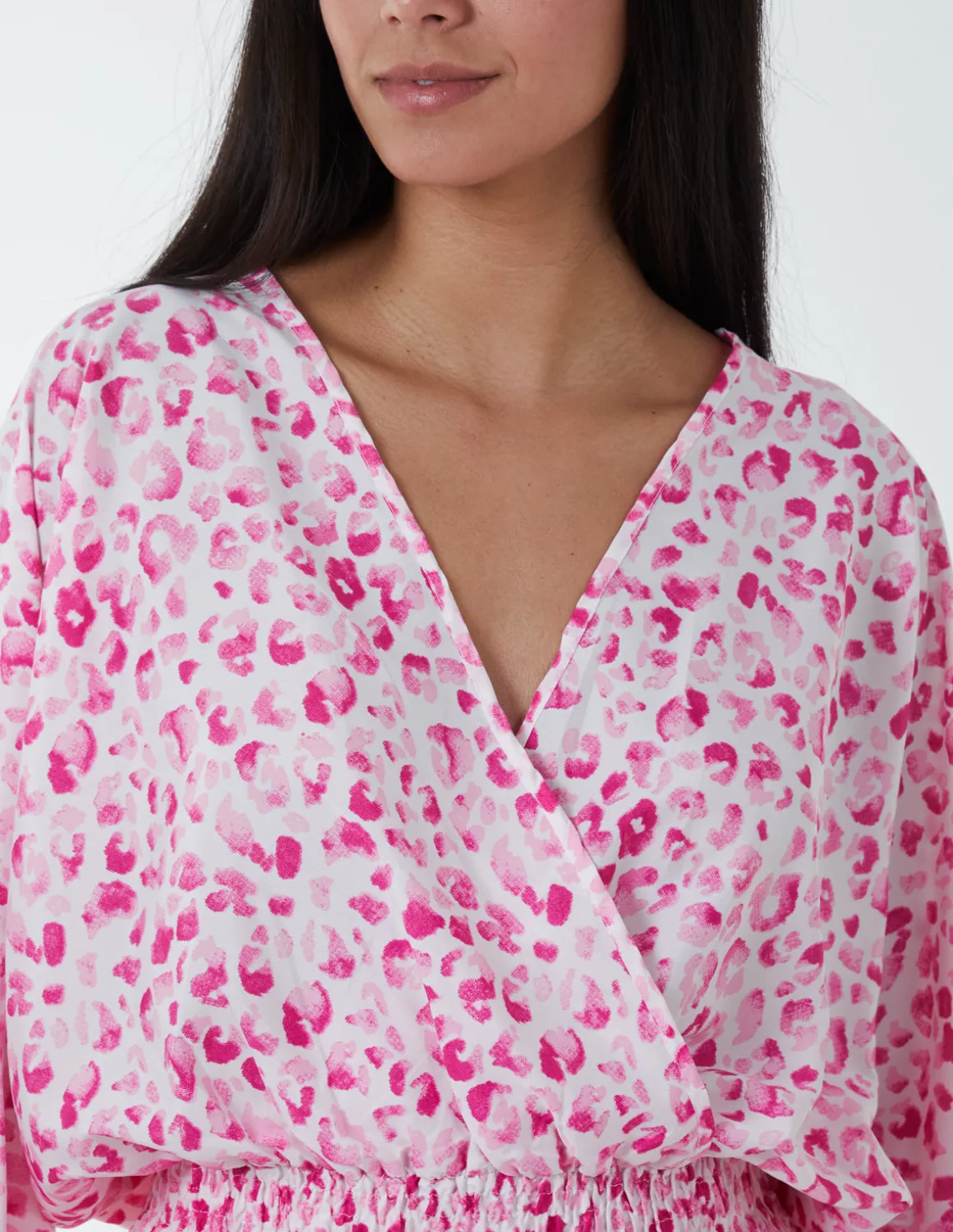 Leopard Print Elasticated Sleeve Wrap Front Elastic Hem Top
