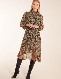 Leopard Print High Neck Wrap Frill Hem Midi Dress