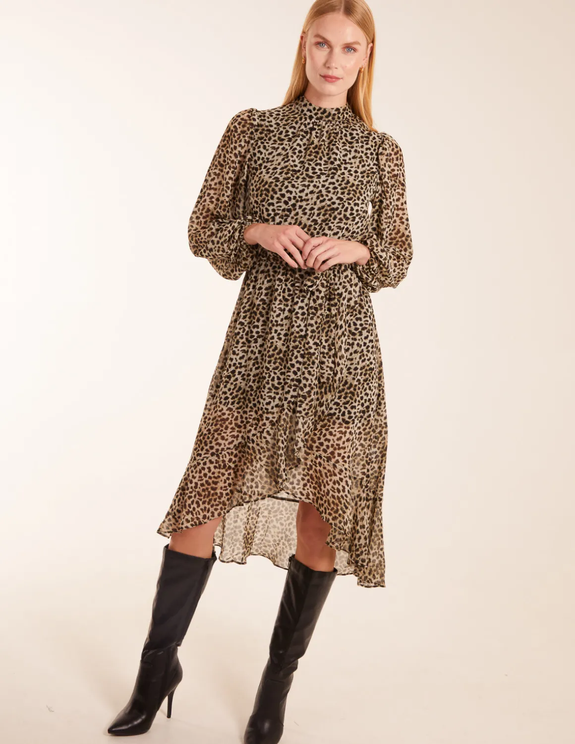 Leopard Print High Neck Wrap Frill Hem Midi Dress