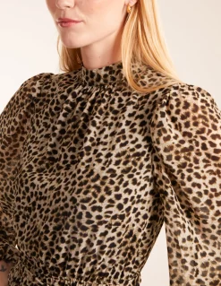 Leopard Print High Neck Wrap Frill Hem Midi Dress