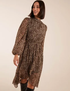 Leopard Print High Neck Wrap Frill Hem Midi Dress