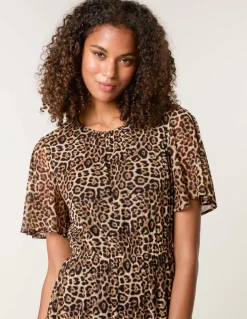 Leopard Print Mesh Crew Neck Mini Dress
