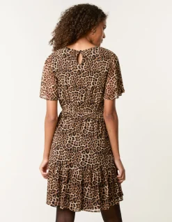 Leopard Print Mesh Crew Neck Mini Dress