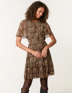 Leopard Print Mesh Crew Neck Mini Dress