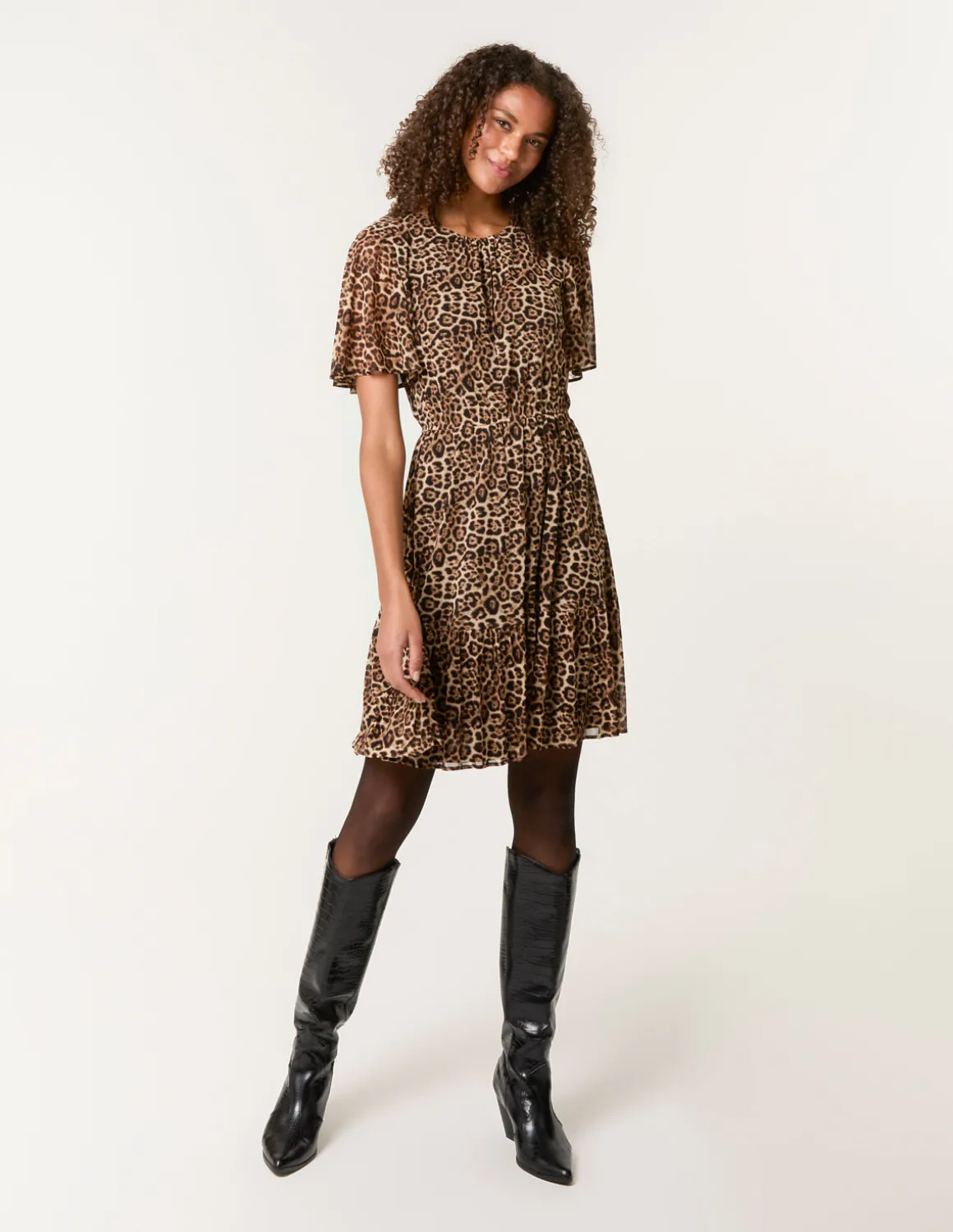 Leopard Print Mesh Crew Neck Mini Dress