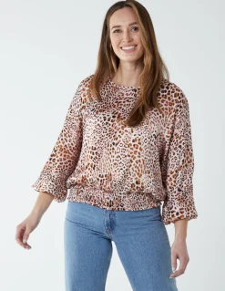 Leopard Print Round Neck Batwing Shirred Hemband Top