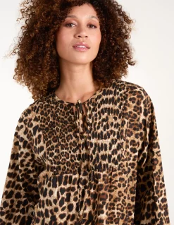 Leopard Print Shirred Front Tie Neck Blouse